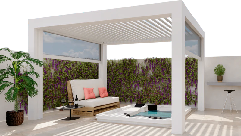 Pergola moderne avec mobilier extérieur