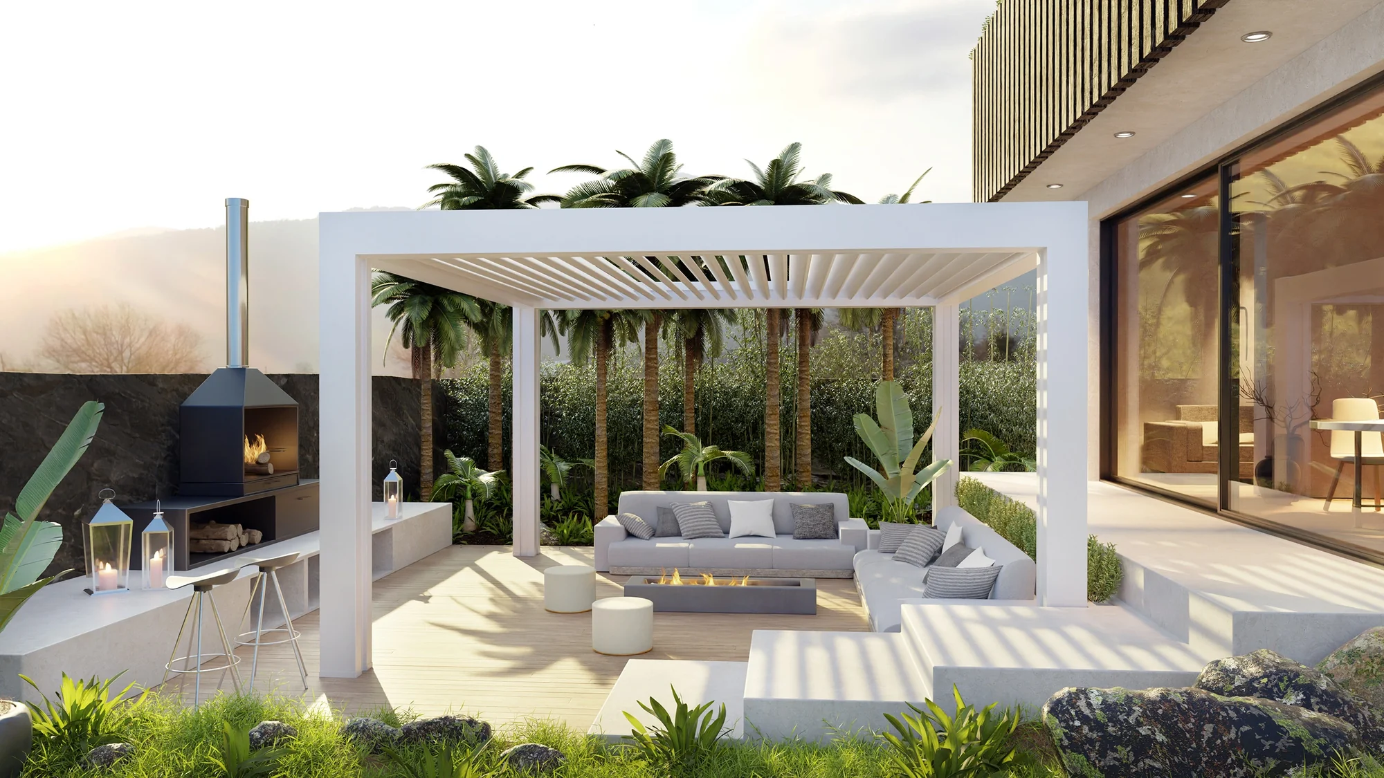 Pergola bioclimatique moderne installée sur une terrasse